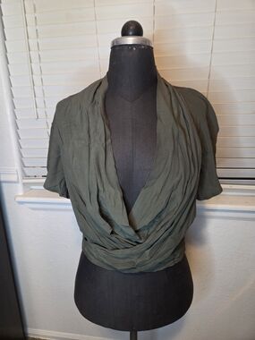 Express Olive Green Draped Cowl Neck Short Sleeve Top